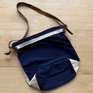 Heavyweight Canvas Crossbody with Genuine Leather Shoulder Strap - Navy/Cream